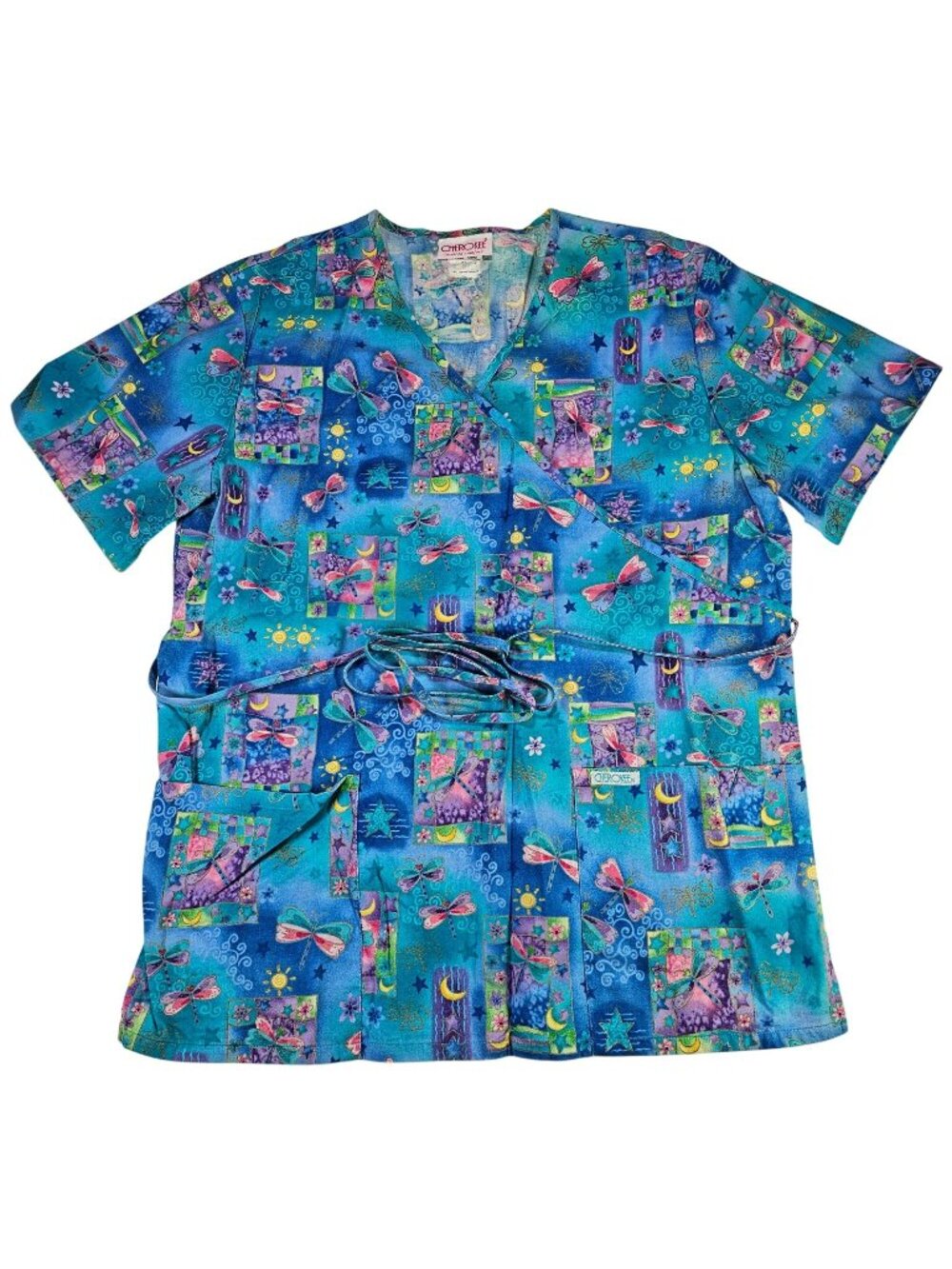 Cherokee Scrub Wrap Top Women's Size M Blue Purple Dragonfly Nature Moon Print